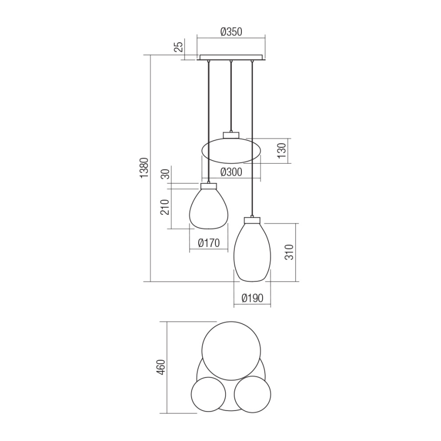 Redo 01-3197 - Chandelier on a string LUKE 3xE27/42W/230V d. 46 cm black