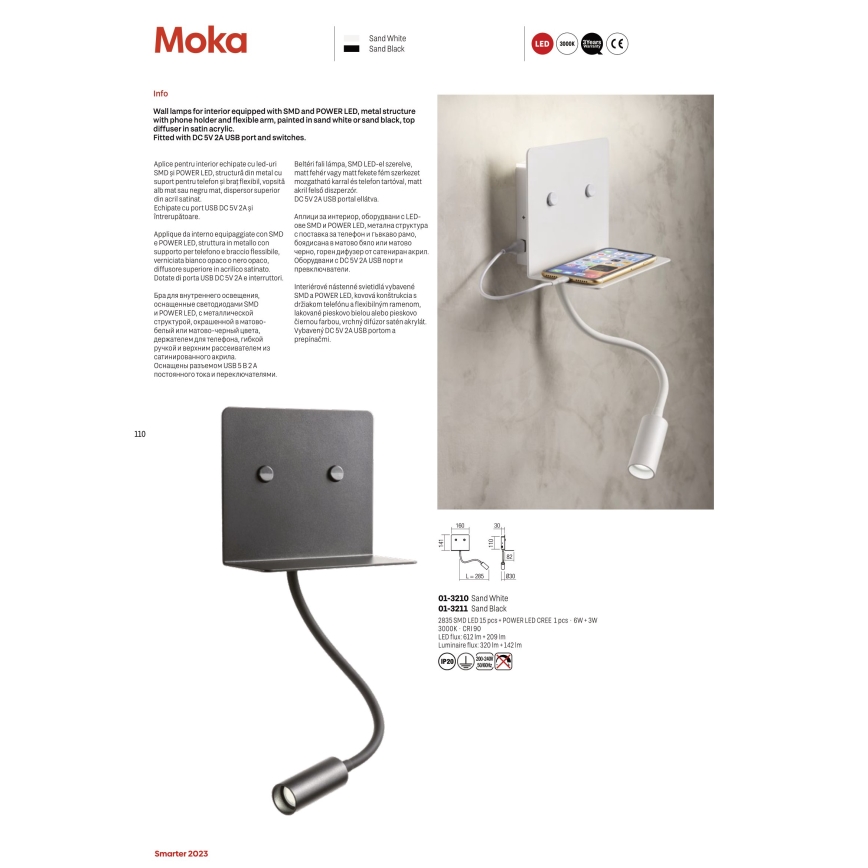 Redo 01-3211 - LED Wall light with a flexible small lamp MOKA LED/6W + LED/3W/230V USB CRI90 black