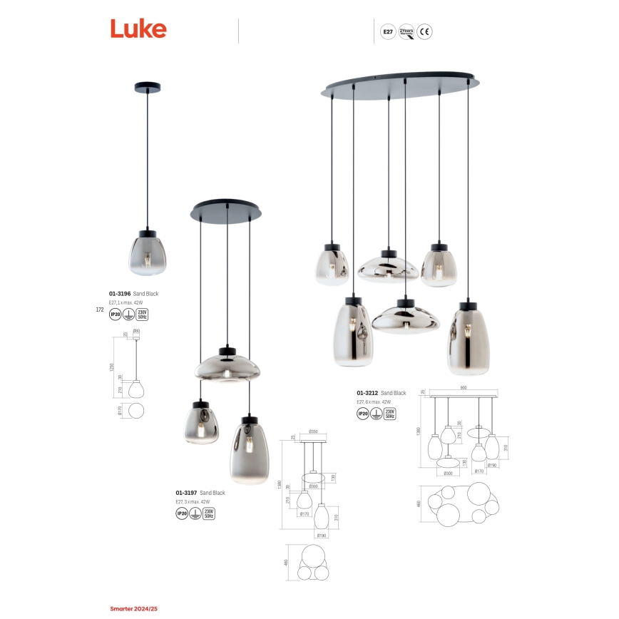 Redo 01-3212 - Chandelier on a string LUKE 6xE27/42W/230V black