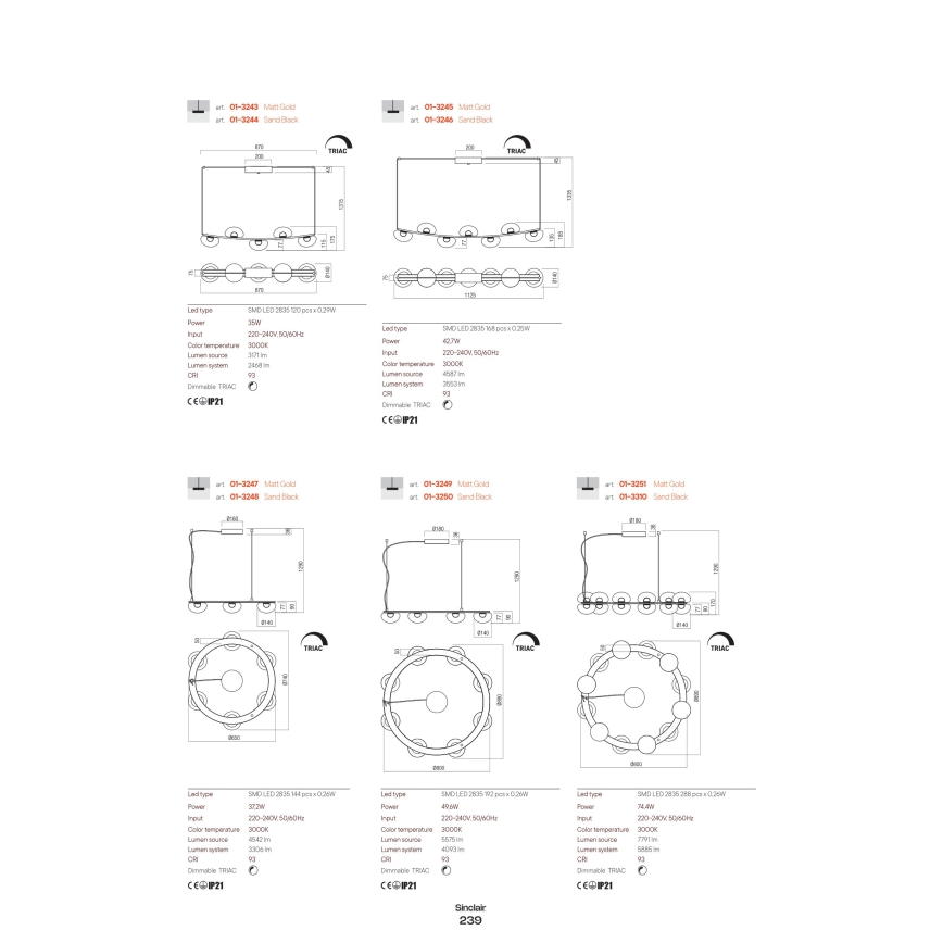 Redo 01-3247- LED Dimmable chandelier on a string SINCLAIR LED/37,2W/230V CRI 93 IP21 gold