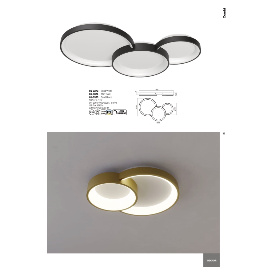 Redo 01-3375 - LED Dimmable ceiling light COMBI LED/72W/230V 3000/4000/6000K CRI98 black