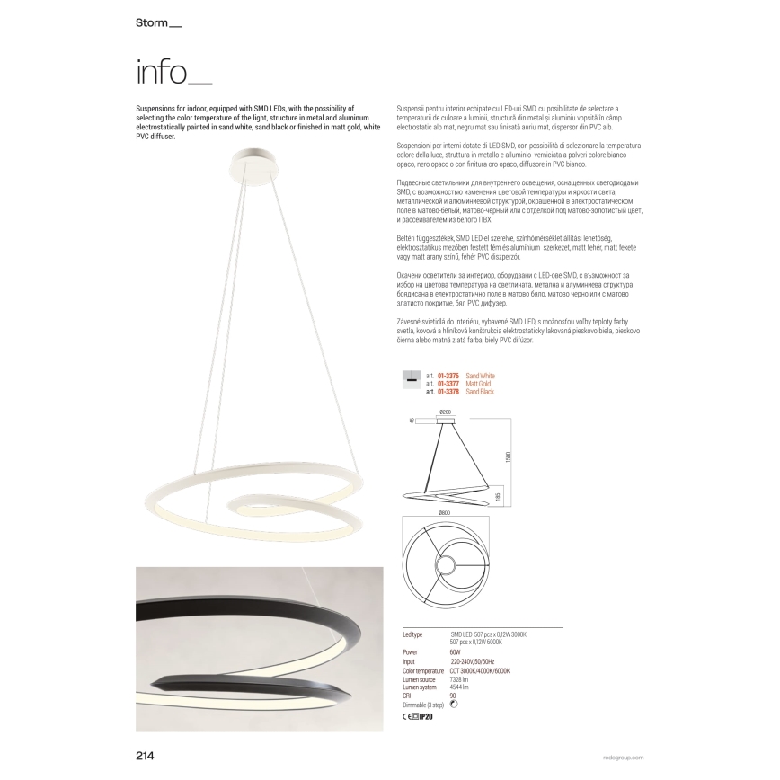 Redo 01-3377 - STORM LED Dimmable Cable Pendant Lamp, 60W, 230V, 3000/4000/6000K, CRI 90, Ø 80 cm, Gold