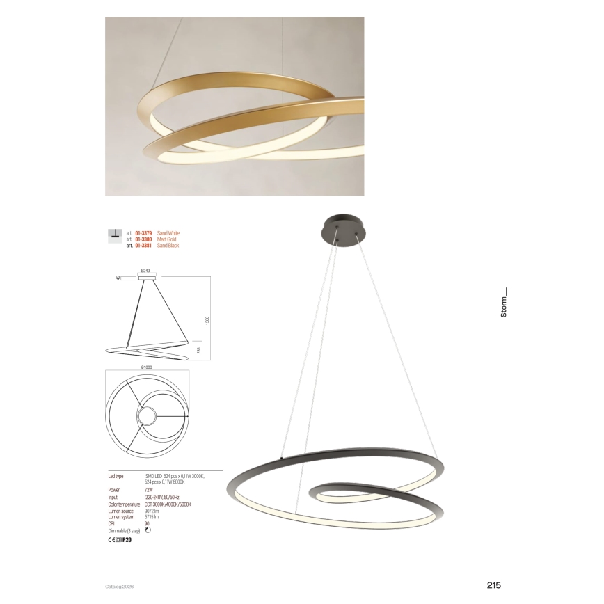 Redo 01-3377 - STORM LED Dimmable Cable Pendant Lamp, 60W, 230V, 3000/4000/6000K, CRI 90, Ø 80 cm, Gold