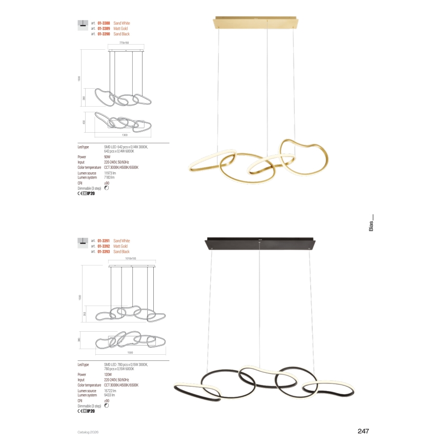 Redo 01-3392 - BIAS LED/120W/230V Dimmable Cable-Suspended Pendant 3000/4500/6500K CRI 90 Gold