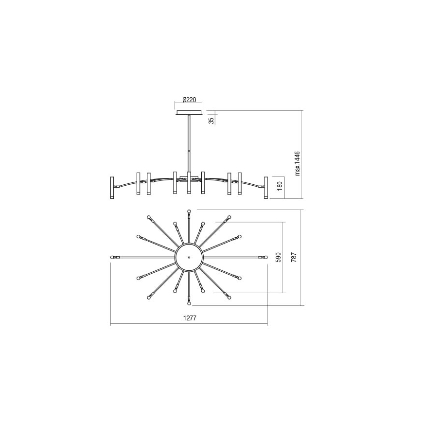 Redo 01-3450 - RAYEN LED Dimmable Rod-Mounted Pendant, 80 W, 230 V, CRI 90, Gold