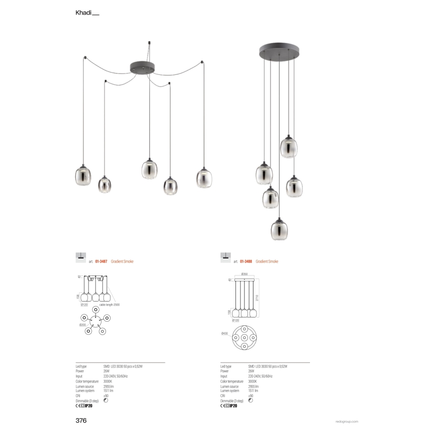 Redo 01-3488 - KHADI Dimmable LED Cable Pendant Lamp 5xLED/5,2W/230V CRI 90 Ø 43 cm Black/Smoked