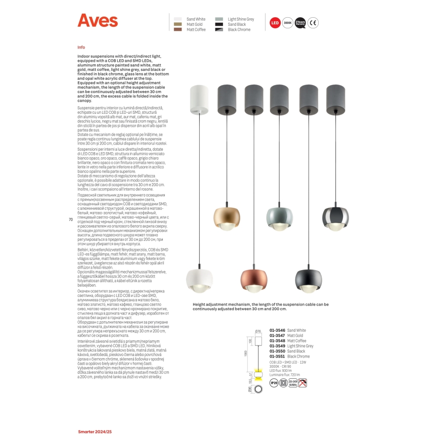 Redo 01-3549 - LED Chandelier on a string AVES LED/12W/230V d. 9,6 cm CRI 90 grey