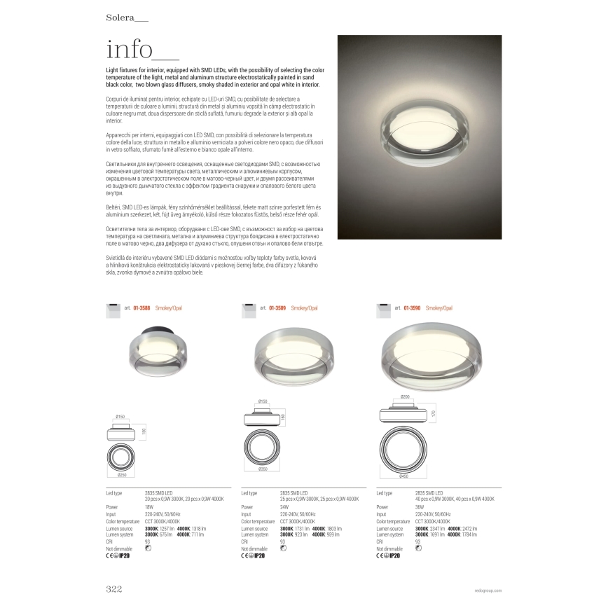 Redo 01-3590 - LED Ceiling light SOLERA LED/36W/230V d. 45 cm CRI 93 3000/4000K grey