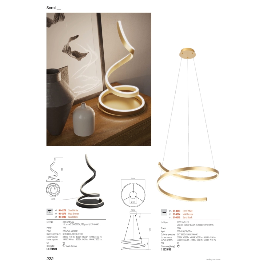 Redo 01-4015 - LED Dimmable Pendant on Cable SCROLL LED/38W/230V 3000K/4000K/6000K CRI 90 Ø 60 cm Black