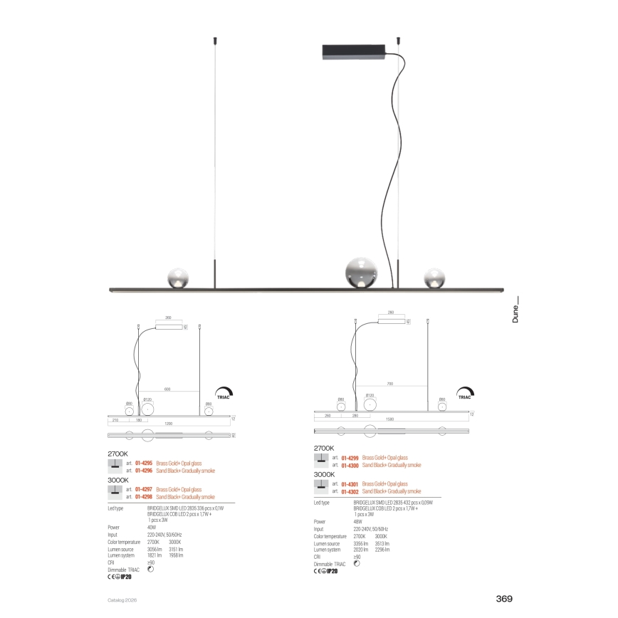 Redo 01-4302 - Dimmable cable-suspended pendant light DUNE LED/48W/230V 3000K CRI 90 black/smoke