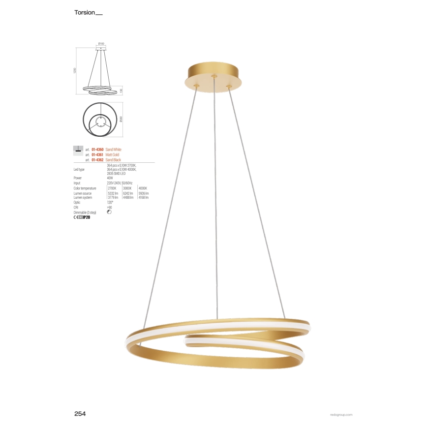 Redo 01-4361 - Dimmable LED cable pendant TORSION LED/40W/230V 2700/3000/4000K CRI 90 Ø 56 cm gold