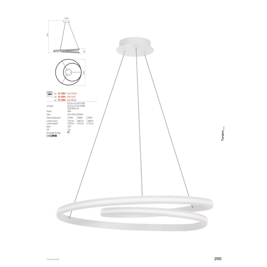 Redo 01-4363 - LED Dimmable pendant on cable TORSION LED/60W/230V 2700/3000/4000K CRI 90 pr. 75,2 cm white