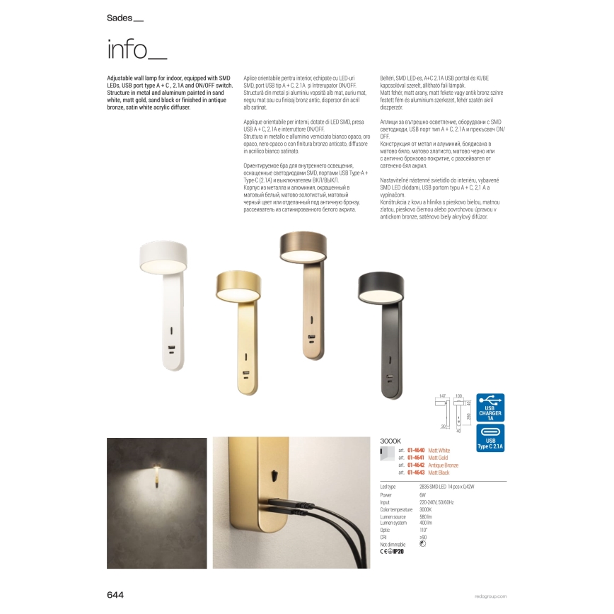 Redo 01-4641 - SADES LED Wall Light, 6W/230V, CRI 90, USB, Gold Finish