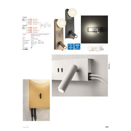 Redo 01-4661 - NORMA LED Wall Light LED/5W/230V + LED/3W CRI 90 USB White/Gold