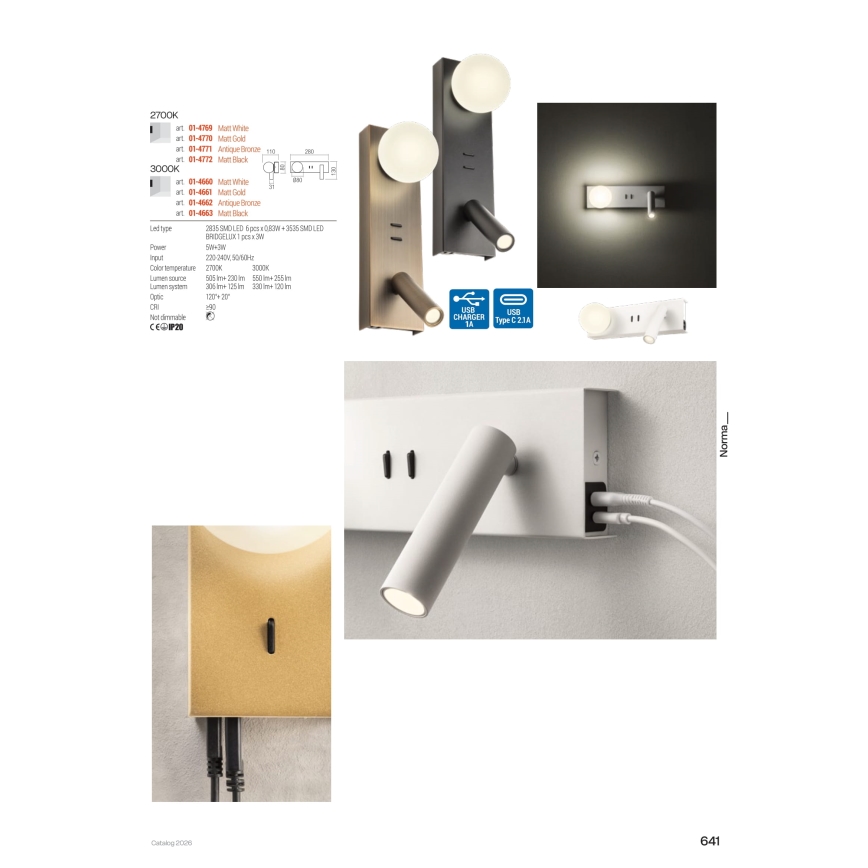 Redo 01-4661 - NORMA LED Wall Light LED/5W/230V + LED/3W CRI 90 USB White/Gold