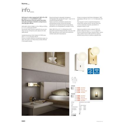 Redo 01-4662 - LED Wall Light NORMA LED/5W/230V + LED/3W CRI 90 USB white/bronze