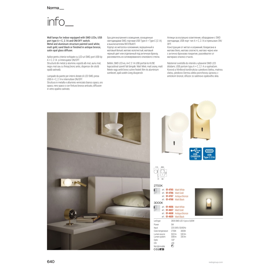 Redo 01-4662 - LED Wall Light NORMA LED/5W/230V + LED/3W CRI 90 USB white/bronze