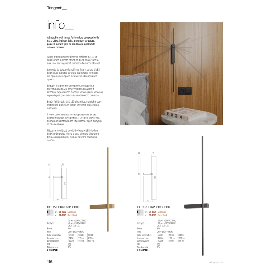 Redo 01-4672 - TANGENT LED Wall Light LED/6W/230V 2700/2850/3000K 73 cm CRI 90, Gold finish