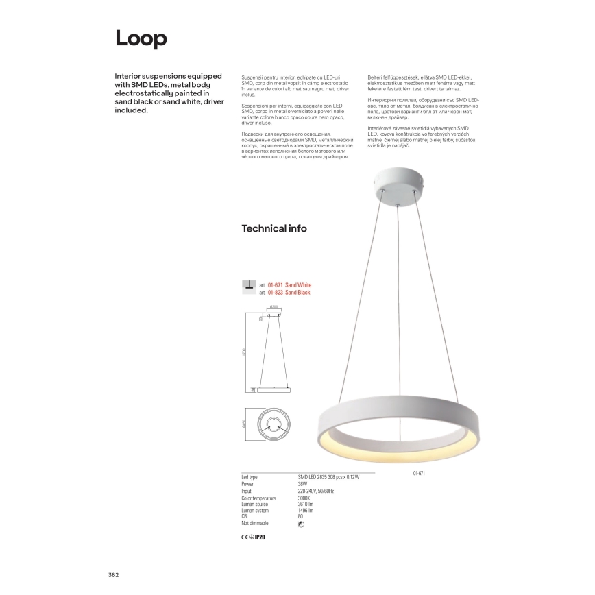 Redo 01-672 - LED Chandelier on a string LOOP LED/48W/230V d. 60 cm white