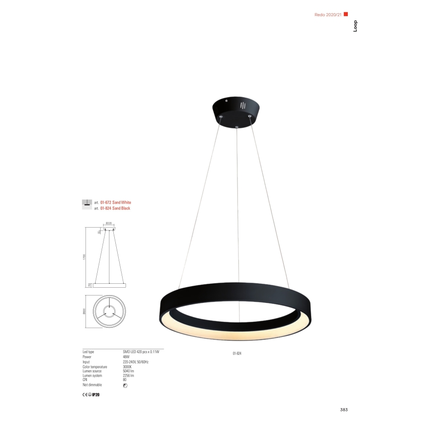 Redo 01-672 - LED Chandelier on a string LOOP LED/48W/230V d. 60 cm white