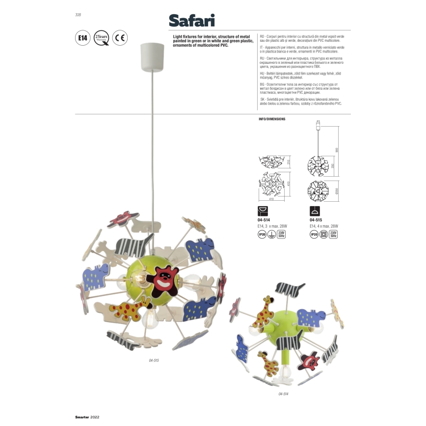 Redo 04-515 - Children's chandelier on a string SAFARI 4xE14/28W/230V d. 35 cm colorful