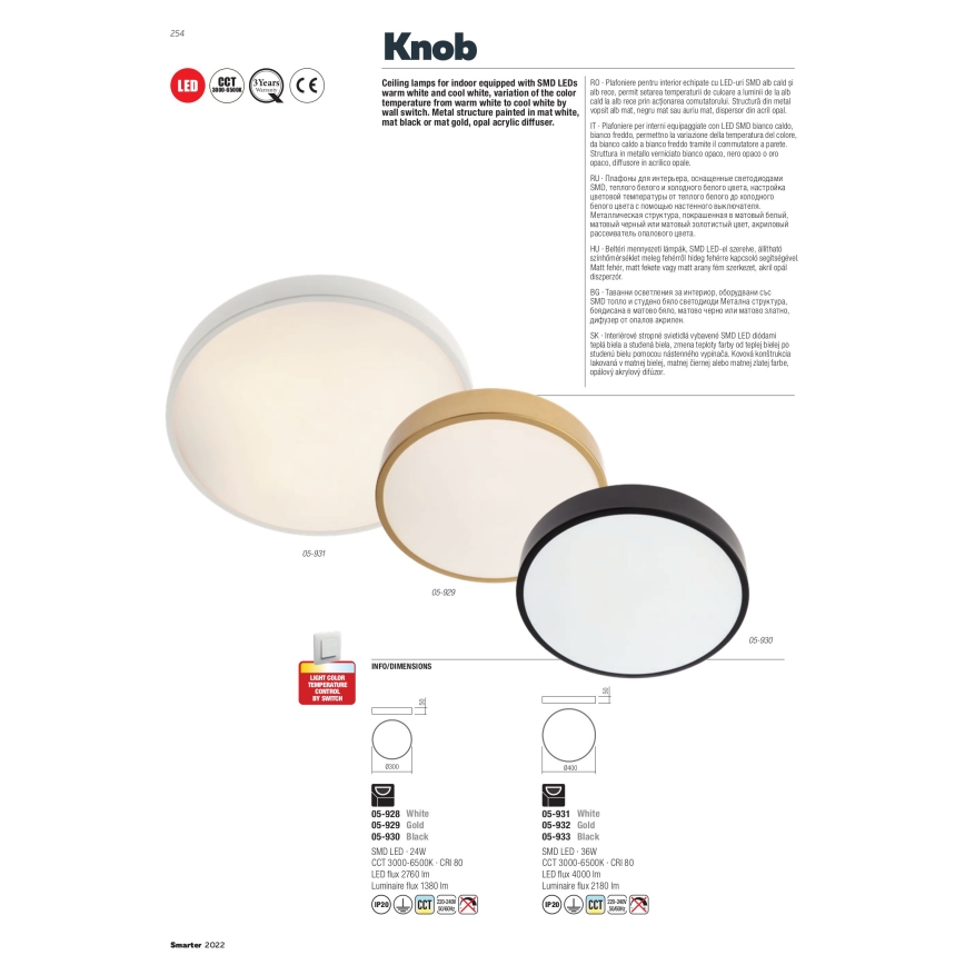 Redo 05-932 - LED Ceiling light KNOB LED/36W/230V 3000K-6500K 40 cm gold