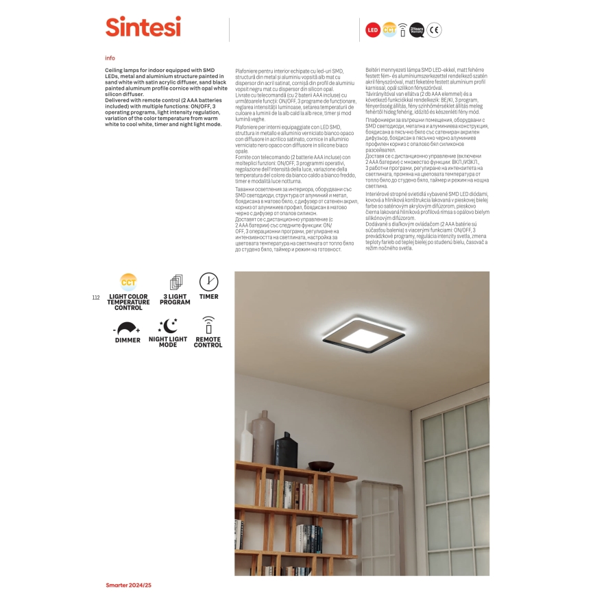 Redo 05-961 - LED Dimmable ceiling light SINTESI LED/53W/230V 45x45 cm 3000-6000K + remote control