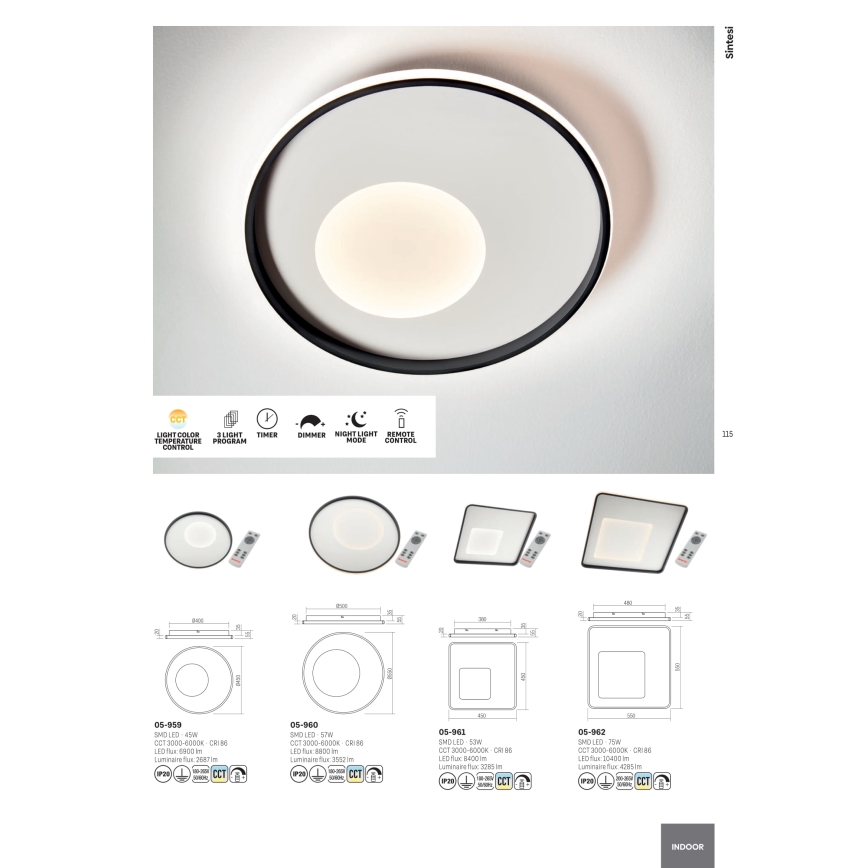 Redo 05-961 - LED Dimmable ceiling light SINTESI LED/53W/230V 45x45 cm 3000-6000K + remote control