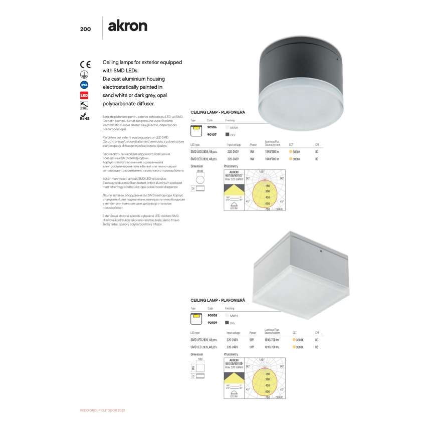 Redo 90107 - LED Outdoor ceiling light AKRON 1xLED/9W/230V d. 10,8 cm IP54