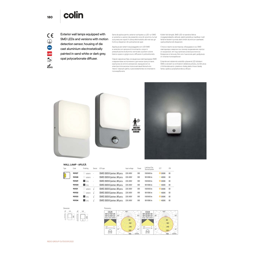 Redo 90133 - LED Outdoor wall light with a sensor COLIN 1xLED/9W/230V IP54