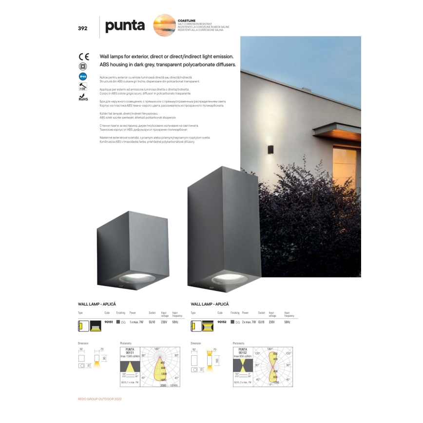 Redo 90152 - Outdoor wall light PUNTA 2xGU10/7W/230V IP44