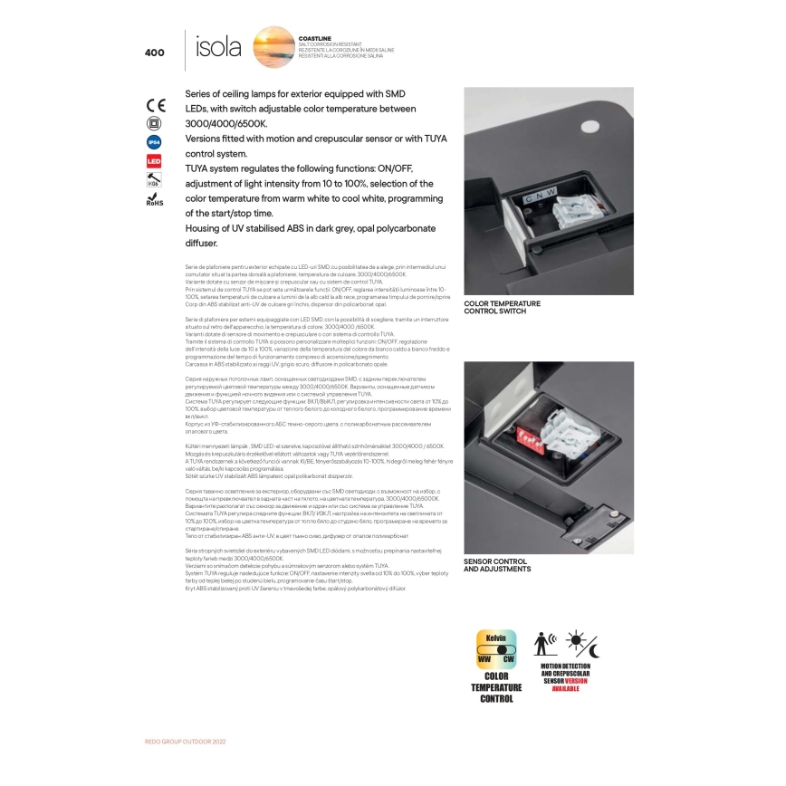 Redo 90290 - LED Outdoor ceiling light with sensor ISOLA LED/24W/230V d. 26 cm 3000/4000/6500K IP54 anthracite