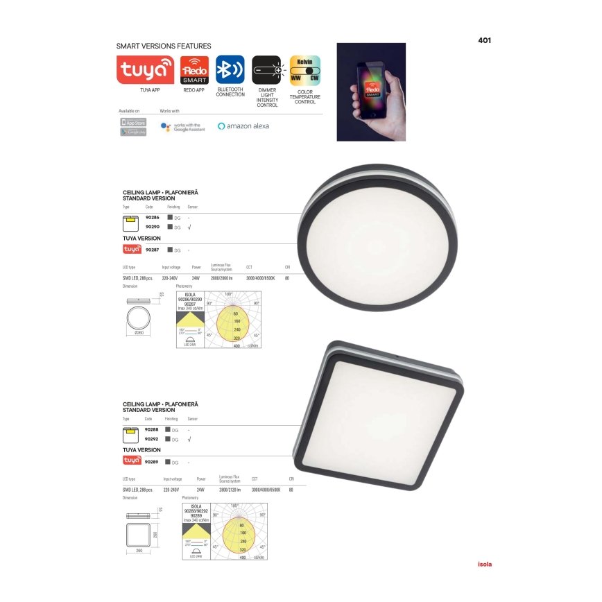 Redo 90290 - LED Outdoor ceiling light with sensor ISOLA LED/24W/230V d. 26 cm 3000/4000/6500K IP54 anthracite