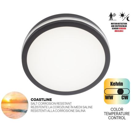 Redo 90290 - LED Outdoor ceiling light with sensor ISOLA LED/24W/230V d. 26 cm 3000/4000/6500K IP54 anthracite