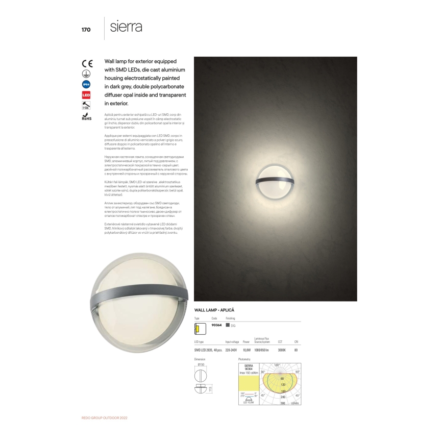 Redo 90364 - LED Outdoor wall light SIERRA LED/10,8W/230V IP54