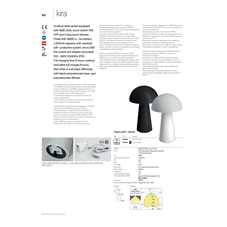 Redo 90439 - KIRA LED Dimmable Touch Outdoor Lamp LED/4,7W/230V 2200 mAh IP44 Black