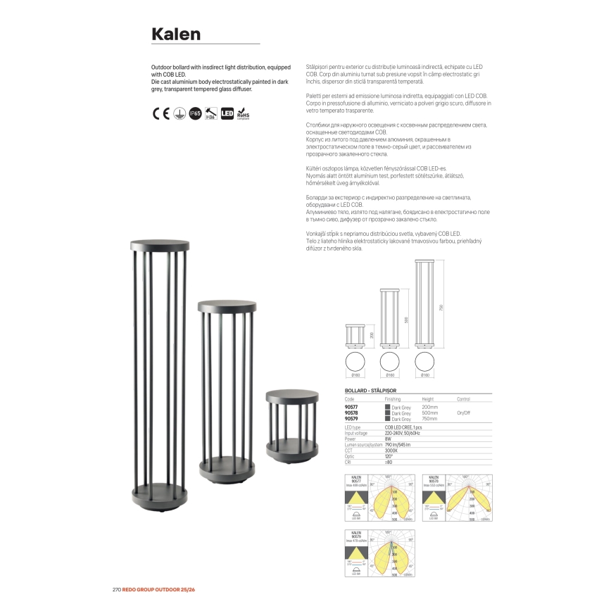 Redo 90578 - LED Outdoor Lamp KALEN LED/8W/230V 3000K 50 cm IP65 Anthracite