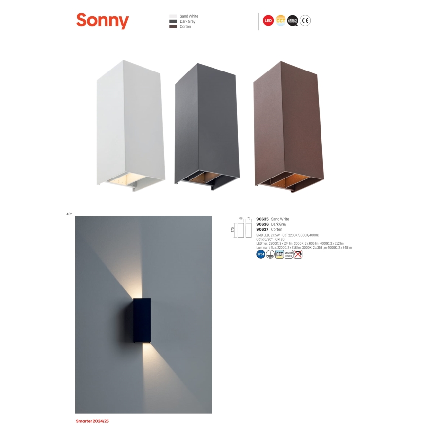 Redo 90635 - LED Outdoor wall light SONNY 2xLED/5W/230V 2200/3000/4000K IP54 white