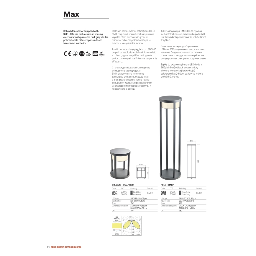 Redo 90676 - MAX LED Outdoor Lamp, 15W, 230V, 2700K, 80 cm, IP65, Anthracite
