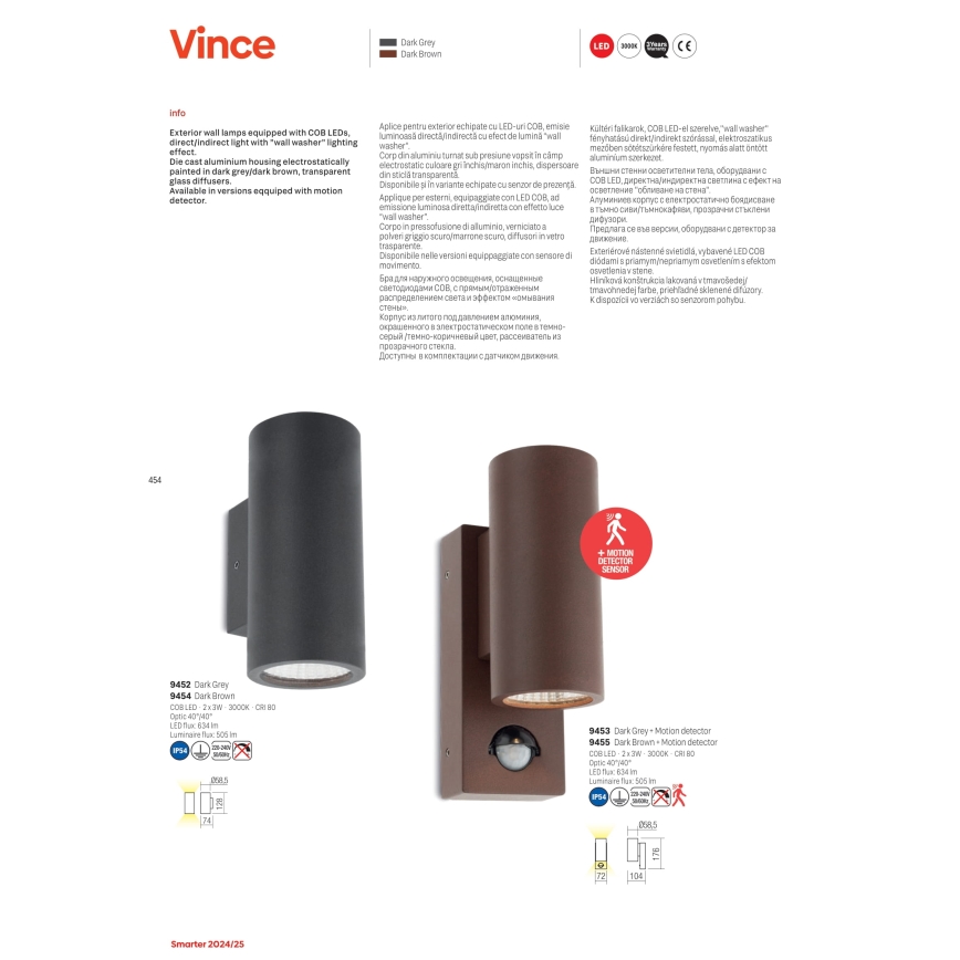 Redo 9455 - VINCE LED Outdoor Wall Light with Sensor, 2xLED/3W/230V, IP54, Brown