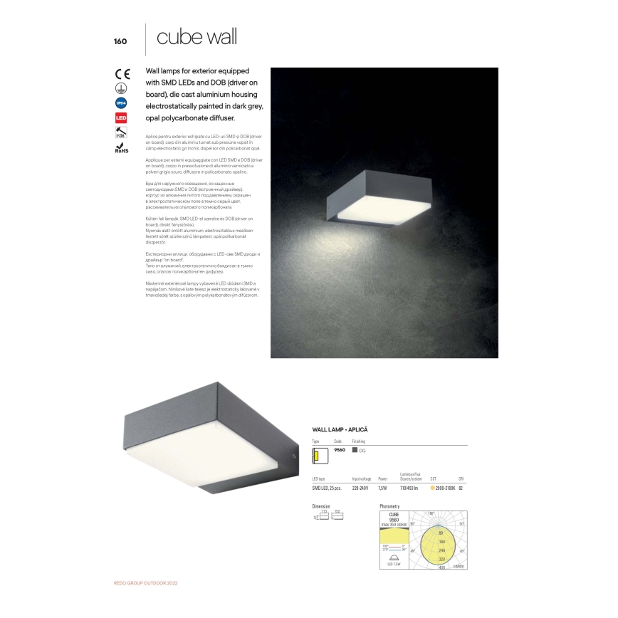 Redo 9560 - LED Outdoor Wall Light CUBE LED/7.5W/230V 3000K IP54 anthracite