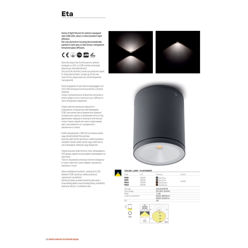 Redo 9596 - ETA LED Outdoor Wall Light, 6W/230V, 3000K, IP54, Brown