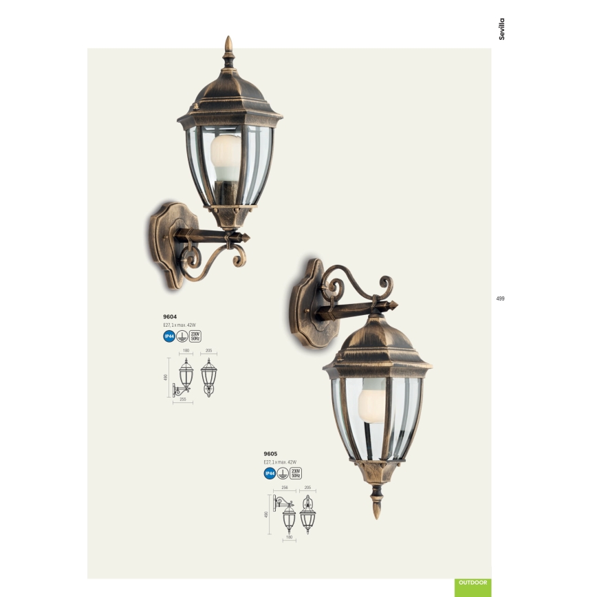 Redo 9604 - Outdoor wall lamp SEVILLA 1xE27/42W/230V IP44 gold/patina