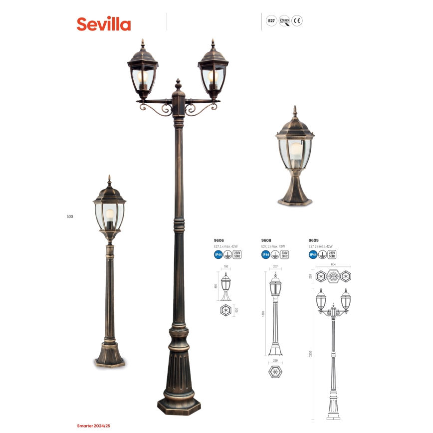 Redo 9607 - Outdoor chandelier on a chain SEVILLA 1xE27/42W/230V IP44 gold/patina