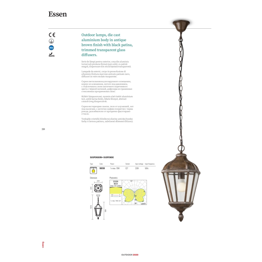 Redo 9662 - ESSEN Outdoor Lamp 1xE27/70W/230V 221,5 cm IP44 Brown/Patina