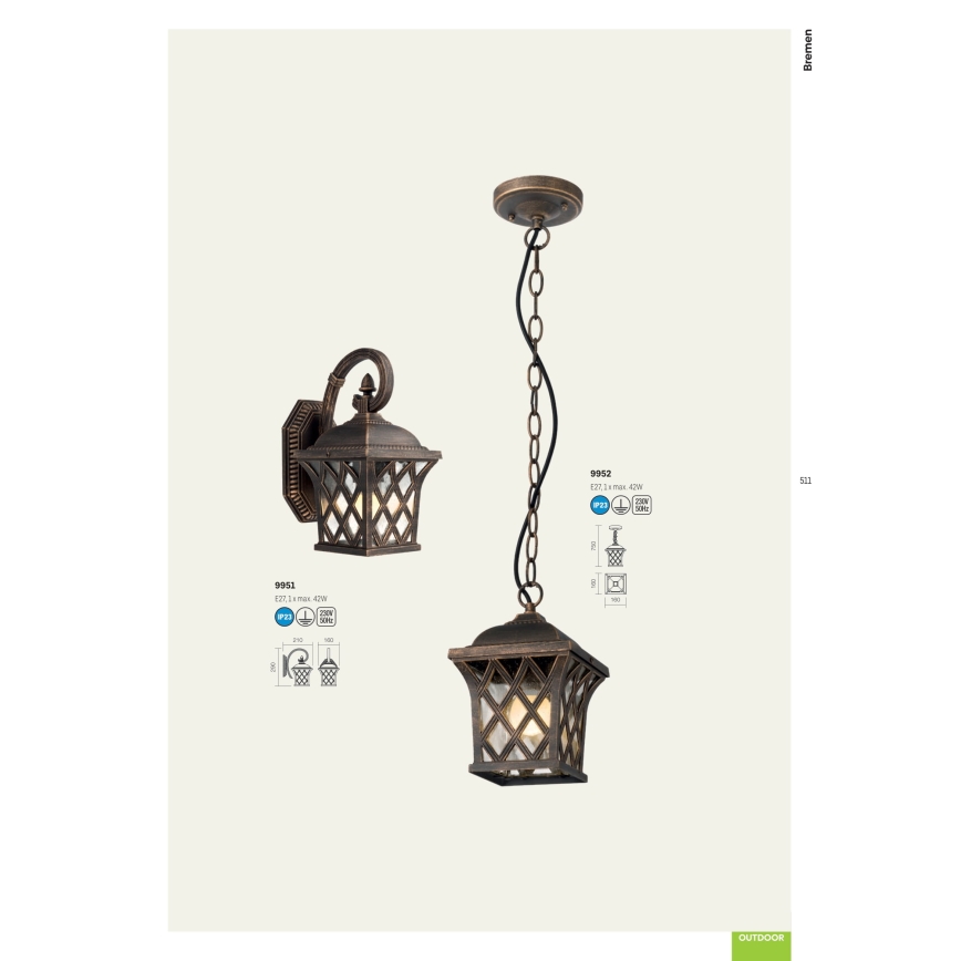 Redo 9952 - Outdoor chandelier on a chain BREMEN 1xE27/42W/230V IP23 gold/patina