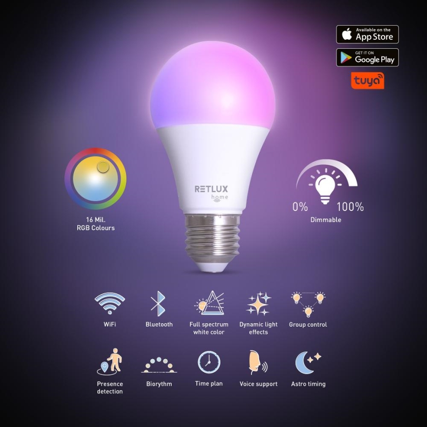 LED RGBW Dimmable bulb A60 E27/9W/230V 2700-6500K Wi-Fi Tuya