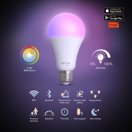 LED RGBW Dimmable bulb A70 E27/14W/230V 2700-6500K Wi-Fi Tuya