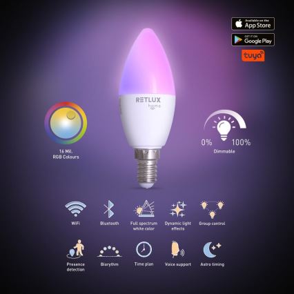 LED RGBW Dimmable bulb C37 E14/4,5W/230V 2700-6500K Wi-Fi Tuya