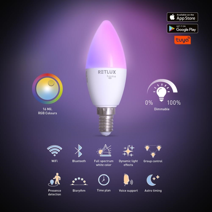 LED RGBW Dimmable bulb C37 E14/4,5W/230V 2700-6500K Wi-Fi Tuya